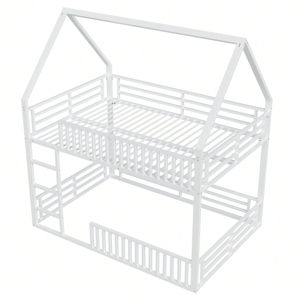 140x200 Haus-Etagenbett mit Zaun und LED-Licht, Weiß