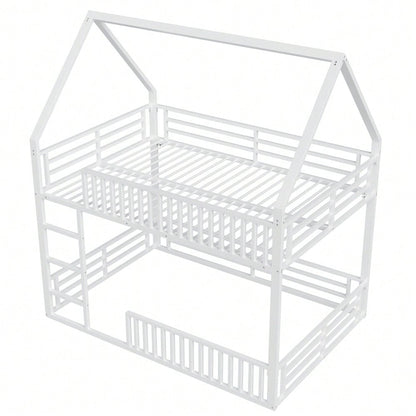 140x200 Haus-Etagenbett mit Zaun und LED-Licht, Weiß