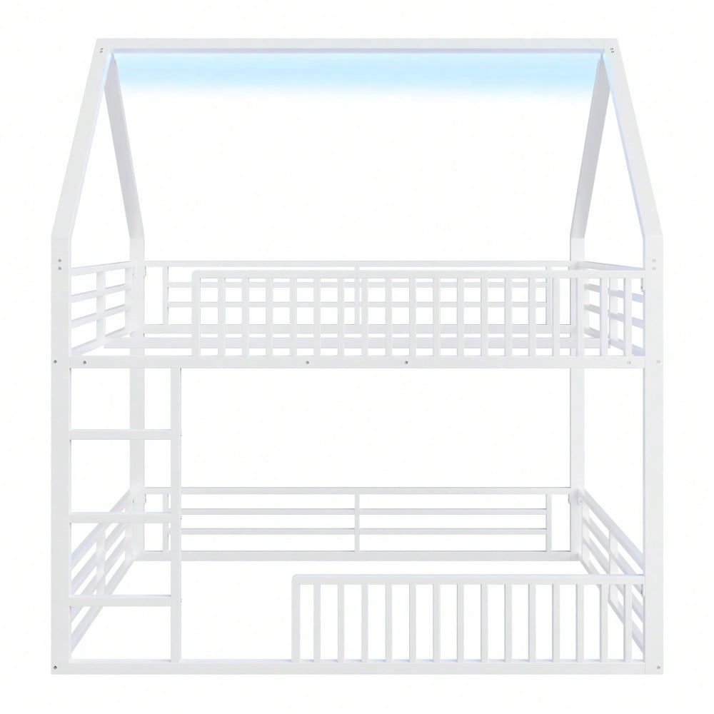 140x200 Haus-Etagenbett mit Zaun und LED-Licht, Weiß