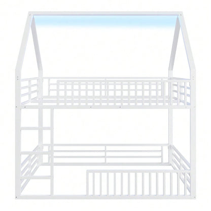 140x200 Haus-Etagenbett mit Zaun und LED-Licht, Weiß