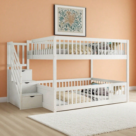 Etagenbett 140 x200 Kinderbett mit Sicherheitstreppe und Schubladen, weißes Holzeinzelbett mit Stauraumbett für Kinder, Jugendliche