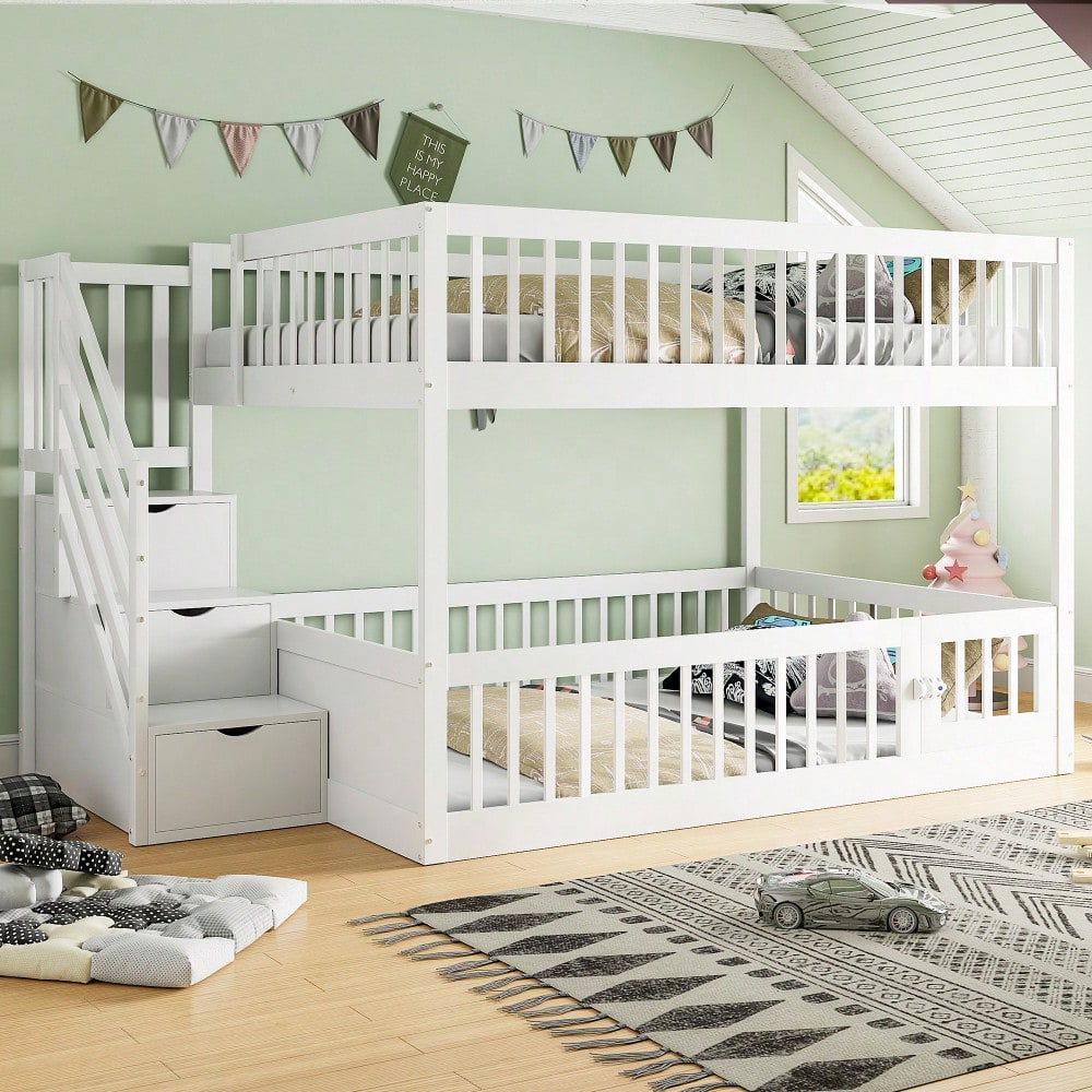 Etagenbett 140 x200 Kinderbett mit Sicherheitstreppe und Schubladen, weißes Holzeinzelbett mit Stauraumbett für Kinder, Jugendliche