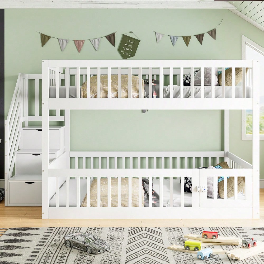Etagenbett 140 x200 Kinderbett mit Sicherheitstreppe und Schubladen, weißes Holzeinzelbett mit Stauraumbett für Kinder, Jugendliche