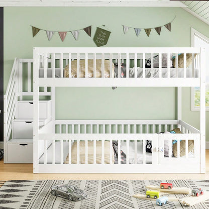 Etagenbett 140 x200 Kinderbett mit Sicherheitstreppe und Schubladen, weißes Holzeinzelbett mit Stauraumbett für Kinder, Jugendliche