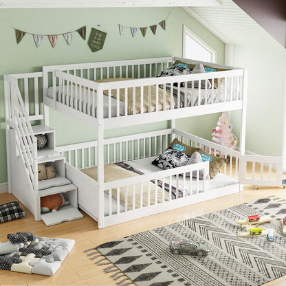Etagenbett 140 x200 Kinderbett mit Sicherheitstreppe und Schubladen, weißes Holzeinzelbett mit Stauraumbett für Kinder, Jugendliche