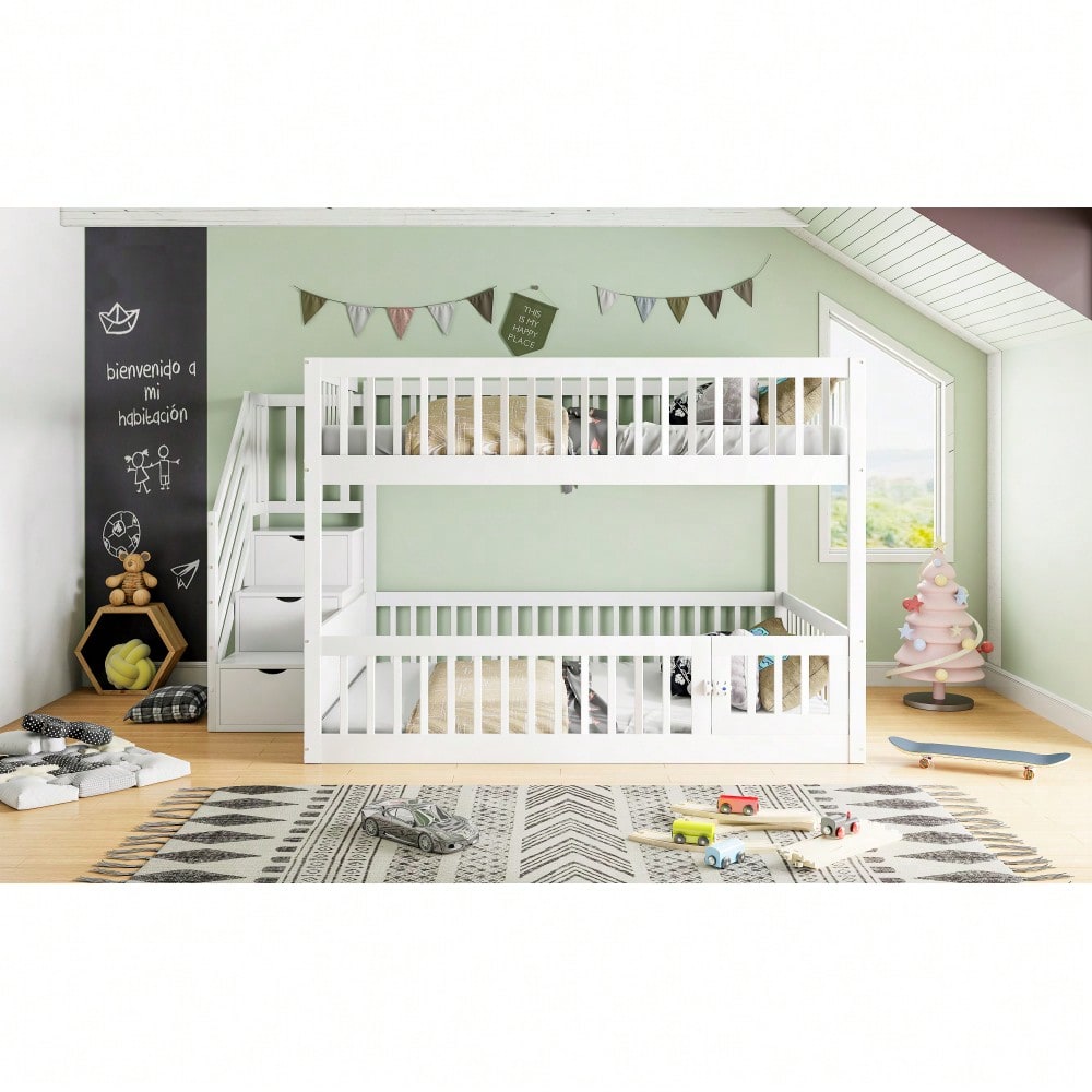 Etagenbett 140 x200 Kinderbett mit Sicherheitstreppe und Schubladen, weißes Holzeinzelbett mit Stauraumbett für Kinder, Jugendliche