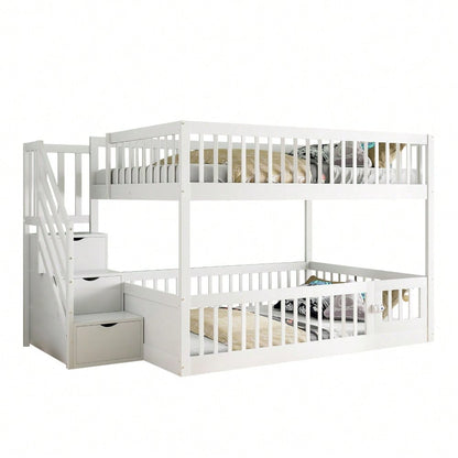 Etagenbett 140 x200 Kinderbett mit Sicherheitstreppe und Schubladen, weißes Holzeinzelbett mit Stauraumbett für Kinder, Jugendliche