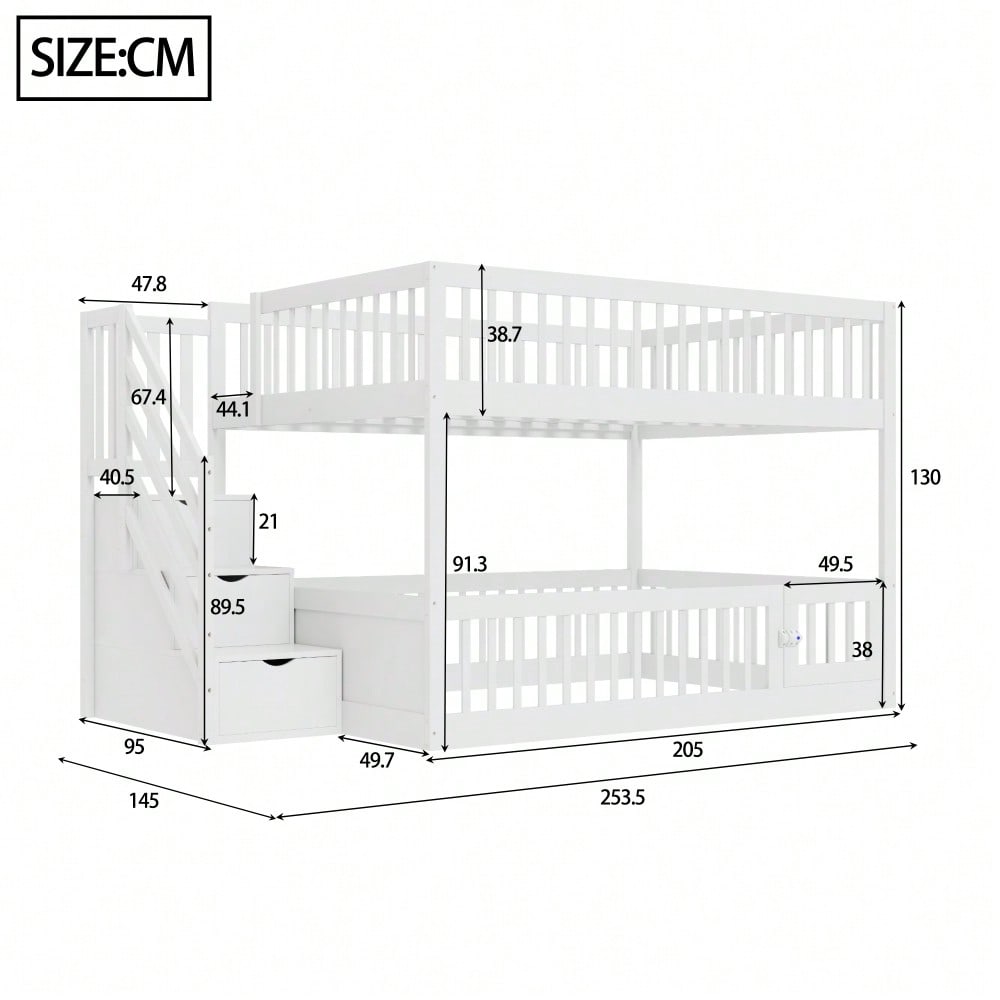 Etagenbett 140 x200 Kinderbett mit Sicherheitstreppe und Schubladen, weißes Holzeinzelbett mit Stauraumbett für Kinder, Jugendliche