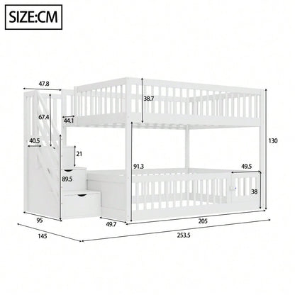 Etagenbett 140 x200 Kinderbett mit Sicherheitstreppe und Schubladen, weißes Holzeinzelbett mit Stauraumbett für Kinder, Jugendliche