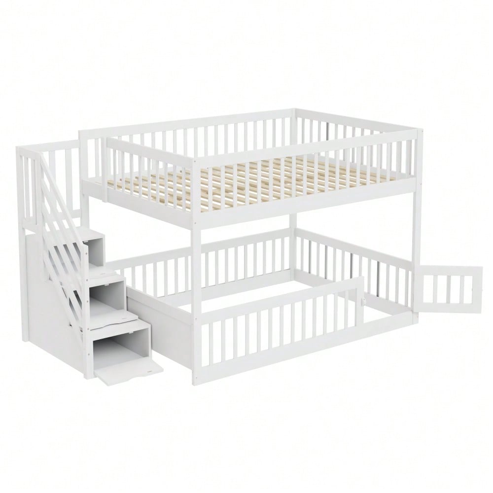 Etagenbett 140 x200 Kinderbett mit Sicherheitstreppe und Schubladen, weißes Holzeinzelbett mit Stauraumbett für Kinder, Jugendliche