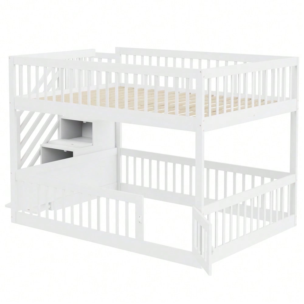 Etagenbett 140 x200 Kinderbett mit Sicherheitstreppe und Schubladen, weißes Holzeinzelbett mit Stauraumbett für Kinder, Jugendliche