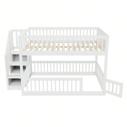 Etagenbett 140 x200 Kinderbett mit Sicherheitstreppe und Schubladen, weißes Holzeinzelbett mit Stauraumbett für Kinder, Jugendliche