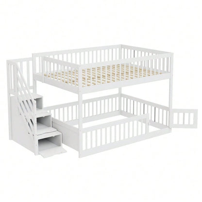 Etagenbett 140 x200 Kinderbett mit Sicherheitstreppe und Schubladen, weißes Holzeinzelbett mit Stauraumbett für Kinder, Jugendliche