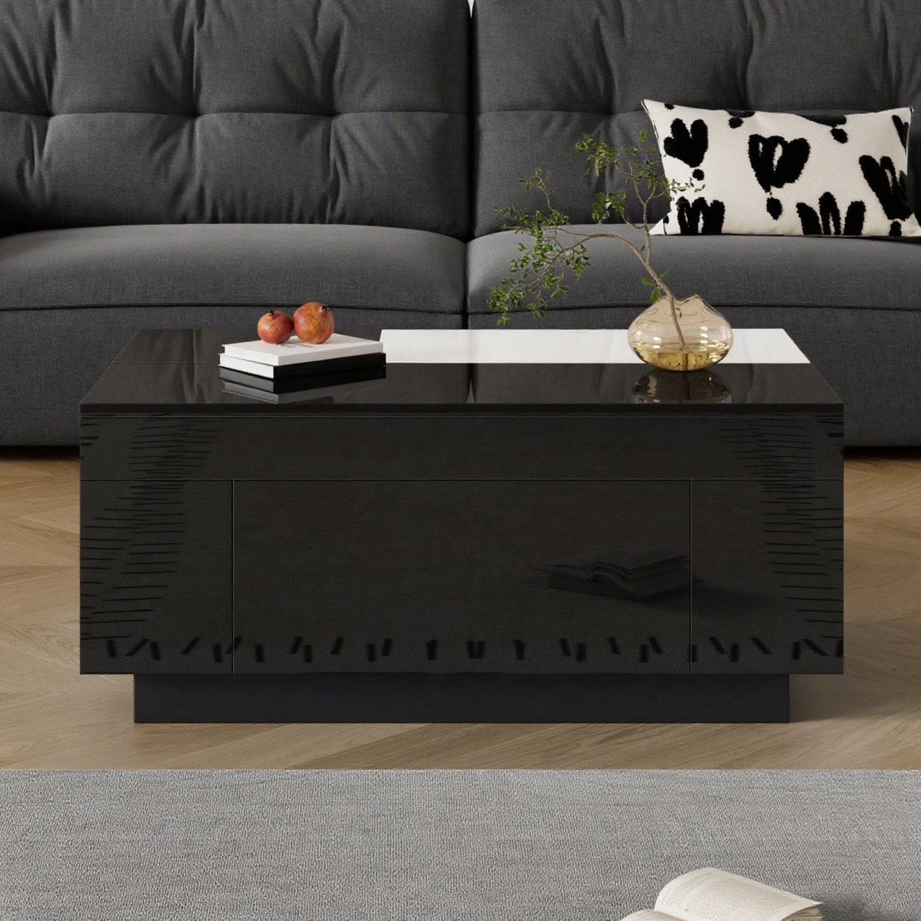 Hochglanz-Couchtisch mit LED-Beleuchtung, ausziehbarer schwarz-weißer Tischplatte, verstecktem Stauraum und 16-farbig einstellbarem Lichtband – die ideale Wahl für ein stilvolles Wohnzimmer
