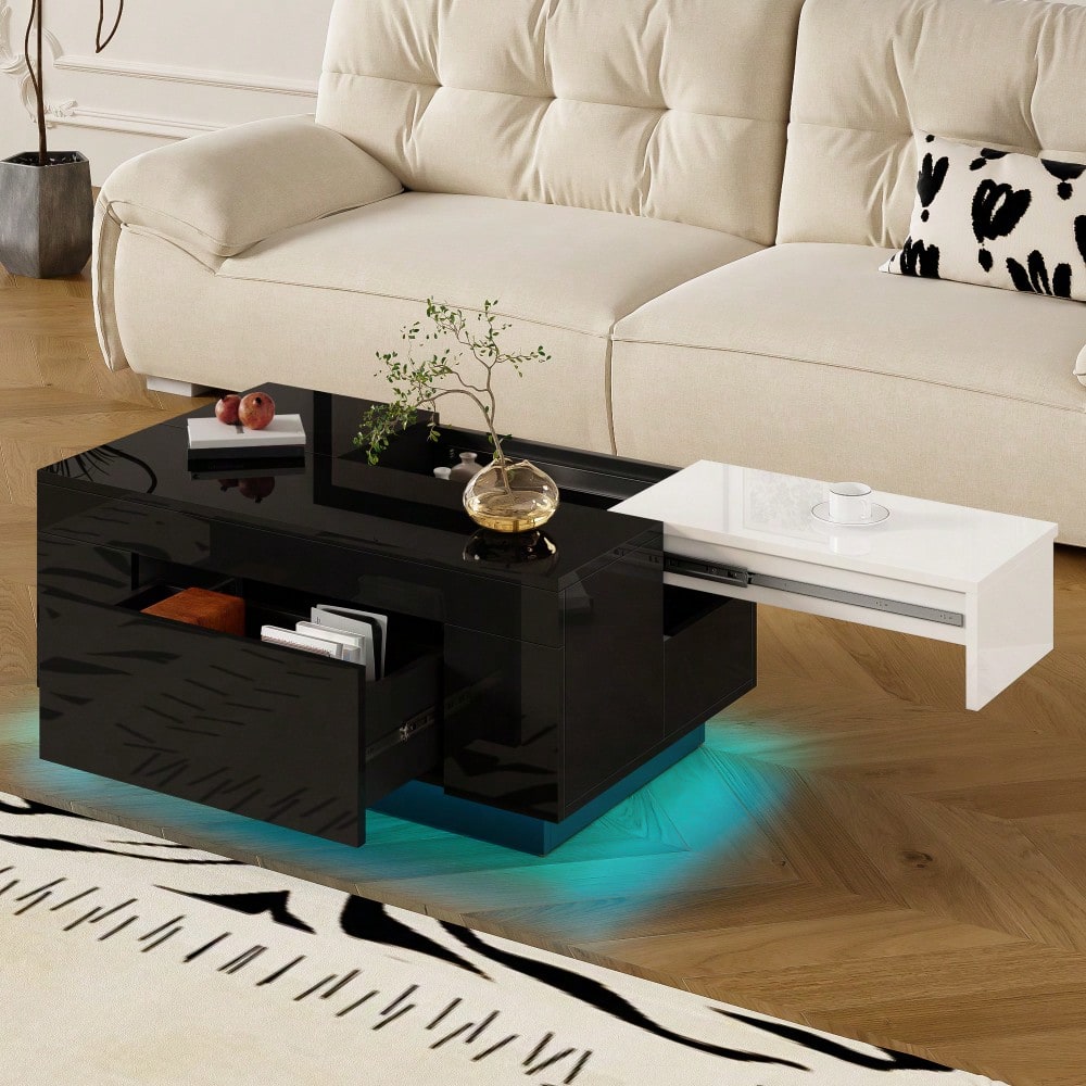 Hochglanz-Couchtisch mit LED-Beleuchtung, ausziehbarer schwarz-weißer Tischplatte, verstecktem Stauraum und 16-farbig einstellbarem Lichtband – die ideale Wahl für ein stilvolles Wohnzimmer