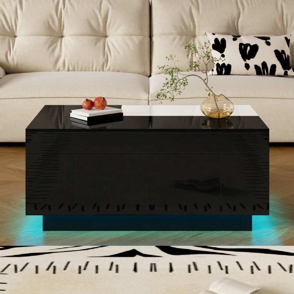 Hochglanz-Couchtisch mit LED-Beleuchtung, ausziehbarer schwarz-weißer Tischplatte, verstecktem Stauraum und 16-farbig einstellbarem Lichtband – die ideale Wahl für ein stilvolles Wohnzimmer