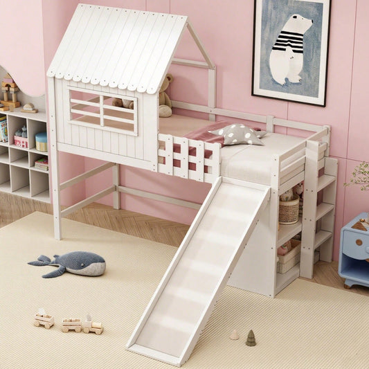 Kinderbett 90 x 200 cm  Dachboden-Design mit Sicherheitsleiter und Sicherheitsrutsche, mehrstöckige Ablagefächer Multifunktionsbett Massivholzbett Einzelbett Hochbett Weiß