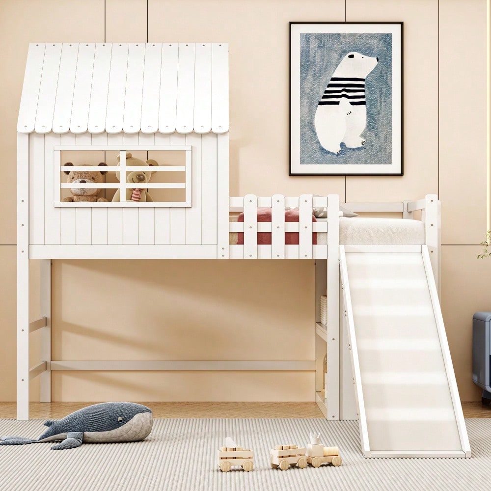Kinderbett 90 x 200 cm  Dachboden-Design mit Sicherheitsleiter und Sicherheitsrutsche, mehrstöckige Ablagefächer Multifunktionsbett Massivholzbett Einzelbett Hochbett Weiß