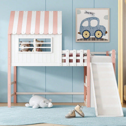 Kinderbett 90 x 200 cm  Dachboden-Design mit Sicherheitsleiter und Sicherheitsrutsche, mehrstöckige Ablagefächer Multifunktionsbett Massivholzbett Einzelbett Hochbett Rosa