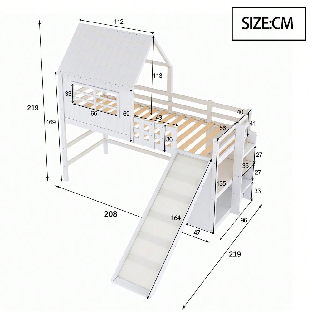 Kinderbett 90 x 200 cm  Dachboden-Design mit Sicherheitsleiter und Sicherheitsrutsche, mehrstöckige Ablagefächer Multifunktionsbett Massivholzbett Einzelbett Hochbett Weiß