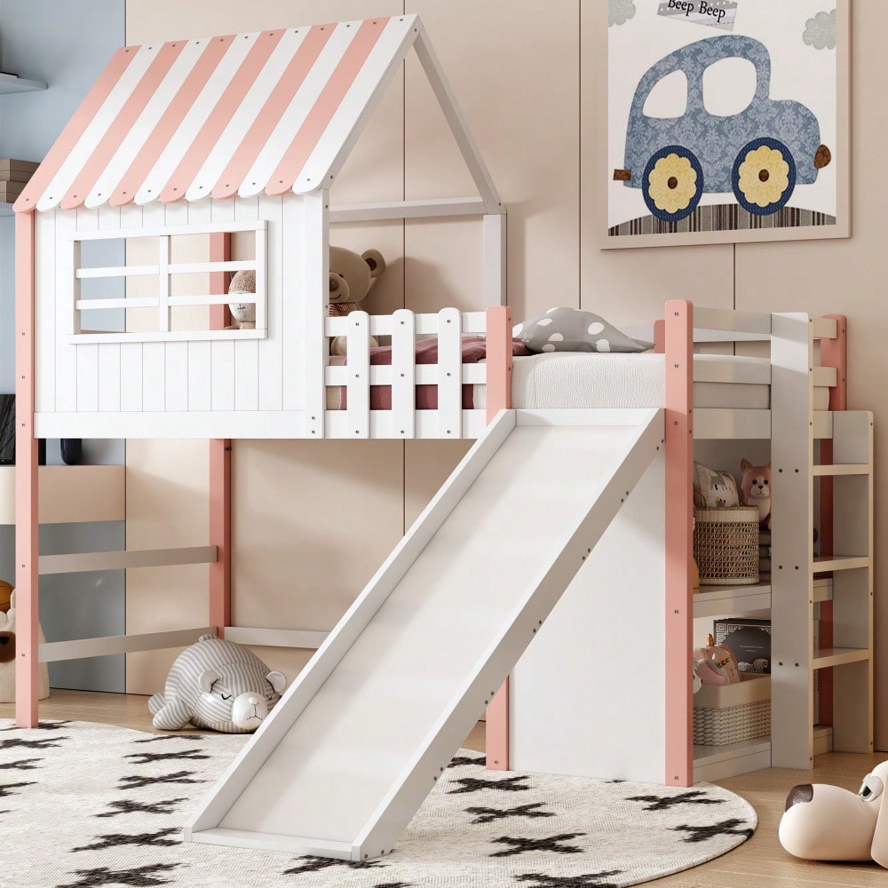 Kinderbett 90 x 200 cm  Dachboden-Design mit Sicherheitsleiter und Sicherheitsrutsche, mehrstöckige Ablagefächer Multifunktionsbett Massivholzbett Einzelbett Hochbett Rosa