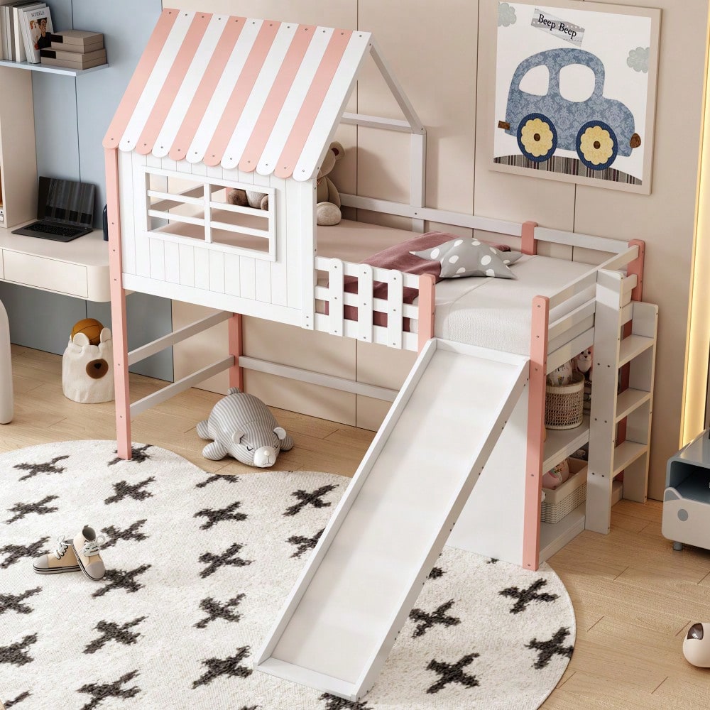Kinderbett 90 x 200 cm  Dachboden-Design mit Sicherheitsleiter und Sicherheitsrutsche, mehrstöckige Ablagefächer Multifunktionsbett Massivholzbett Einzelbett Hochbett Rosa
