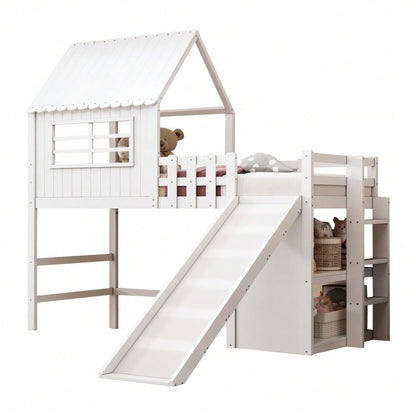 Kinderbett 90 x 200 cm  Dachboden-Design mit Sicherheitsleiter und Sicherheitsrutsche, mehrstöckige Ablagefächer Multifunktionsbett Massivholzbett Einzelbett Hochbett Weiß