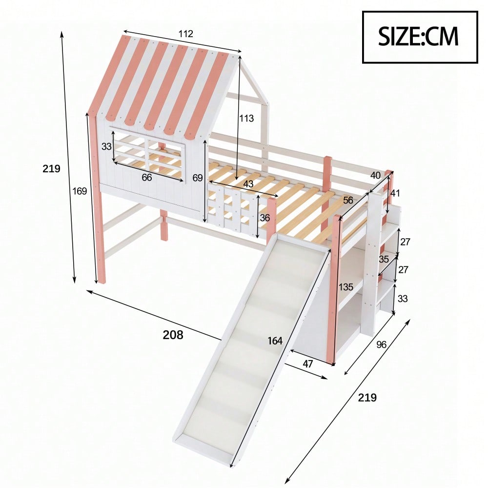 Kinderbett 90 x 200 cm  Dachboden-Design mit Sicherheitsleiter und Sicherheitsrutsche, mehrstöckige Ablagefächer Multifunktionsbett Massivholzbett Einzelbett Hochbett Rosa
