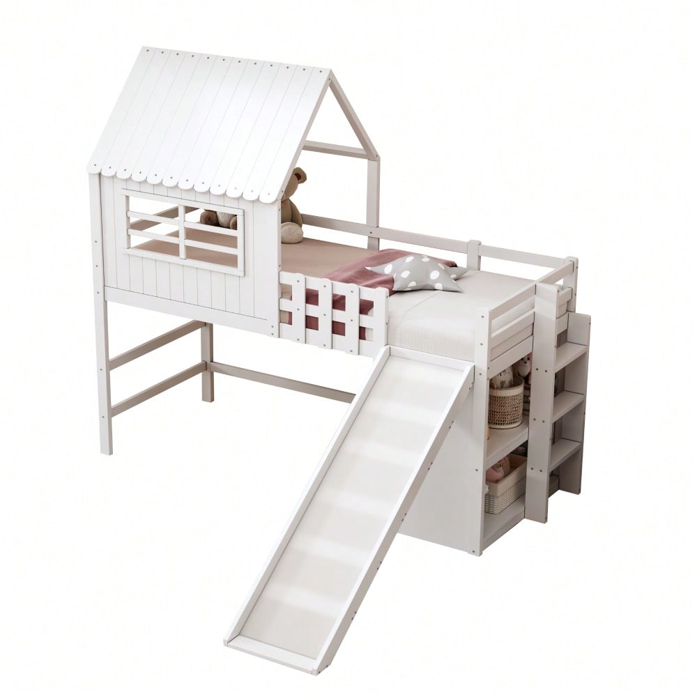 Kinderbett 90 x 200 cm  Dachboden-Design mit Sicherheitsleiter und Sicherheitsrutsche, mehrstöckige Ablagefächer Multifunktionsbett Massivholzbett Einzelbett Hochbett Weiß