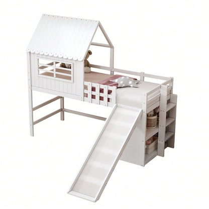 Kinderbett 90 x 200 cm  Dachboden-Design mit Sicherheitsleiter und Sicherheitsrutsche, mehrstöckige Ablagefächer Multifunktionsbett Massivholzbett Einzelbett Hochbett Weiß