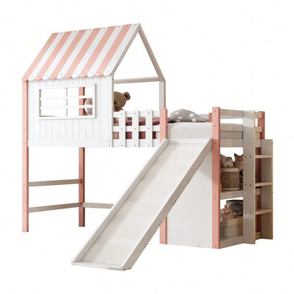 Kinderbett 90 x 200 cm  Dachboden-Design mit Sicherheitsleiter und Sicherheitsrutsche, mehrstöckige Ablagefächer Multifunktionsbett Massivholzbett Einzelbett Hochbett Rosa