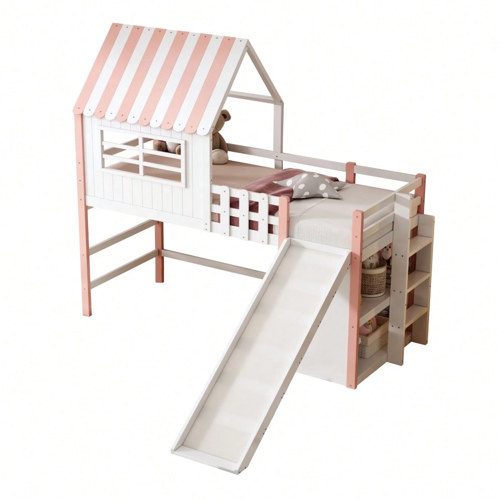Kinderbett 90 x 200 cm  Dachboden-Design mit Sicherheitsleiter und Sicherheitsrutsche, mehrstöckige Ablagefächer Multifunktionsbett Massivholzbett Einzelbett Hochbett Rosa