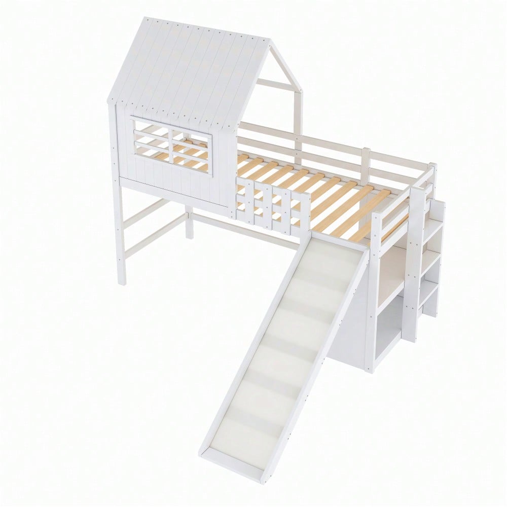 Kinderbett 90 x 200 cm  Dachboden-Design mit Sicherheitsleiter und Sicherheitsrutsche, mehrstöckige Ablagefächer Multifunktionsbett Massivholzbett Einzelbett Hochbett Weiß