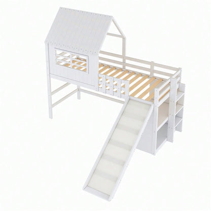 Kinderbett 90 x 200 cm  Dachboden-Design mit Sicherheitsleiter und Sicherheitsrutsche, mehrstöckige Ablagefächer Multifunktionsbett Massivholzbett Einzelbett Hochbett Weiß
