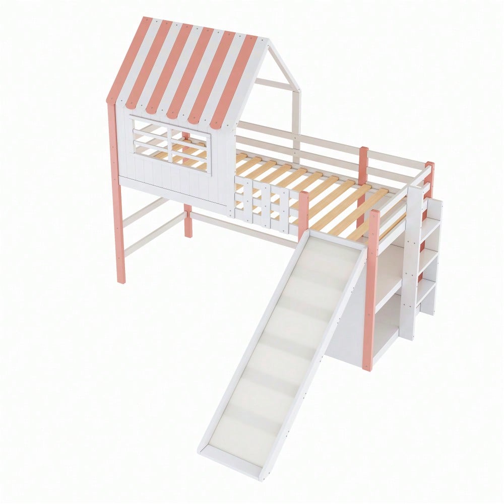 Kinderbett 90 x 200 cm  Dachboden-Design mit Sicherheitsleiter und Sicherheitsrutsche, mehrstöckige Ablagefächer Multifunktionsbett Massivholzbett Einzelbett Hochbett Rosa
