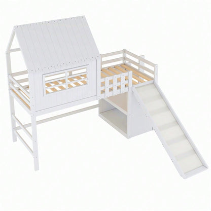 Kinderbett 90 x 200 cm  Dachboden-Design mit Sicherheitsleiter und Sicherheitsrutsche, mehrstöckige Ablagefächer Multifunktionsbett Massivholzbett Einzelbett Hochbett Weiß