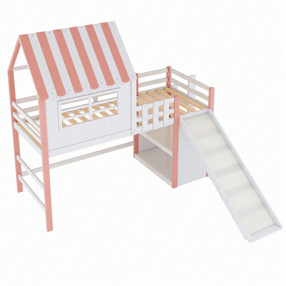 Kinderbett 90 x 200 cm  Dachboden-Design mit Sicherheitsleiter und Sicherheitsrutsche, mehrstöckige Ablagefächer Multifunktionsbett Massivholzbett Einzelbett Hochbett Rosa