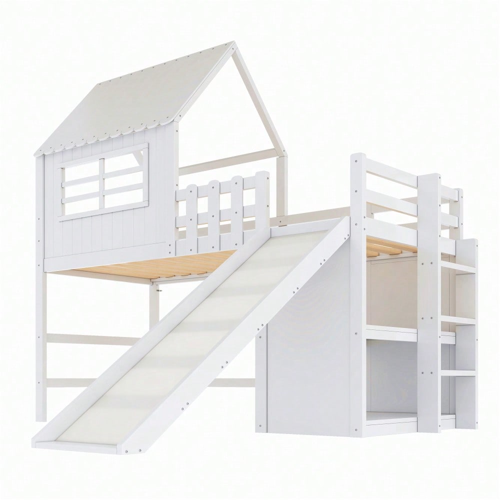 Kinderbett 90 x 200 cm  Dachboden-Design mit Sicherheitsleiter und Sicherheitsrutsche, mehrstöckige Ablagefächer Multifunktionsbett Massivholzbett Einzelbett Hochbett Weiß