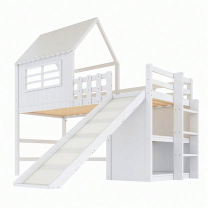 Kinderbett 90 x 200 cm  Dachboden-Design mit Sicherheitsleiter und Sicherheitsrutsche, mehrstöckige Ablagefächer Multifunktionsbett Massivholzbett Einzelbett Hochbett Weiß