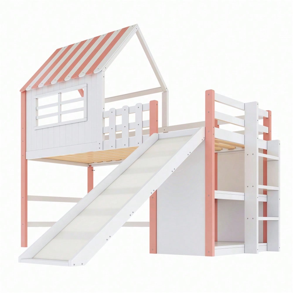 Kinderbett 90 x 200 cm  Dachboden-Design mit Sicherheitsleiter und Sicherheitsrutsche, mehrstöckige Ablagefächer Multifunktionsbett Massivholzbett Einzelbett Hochbett Rosa