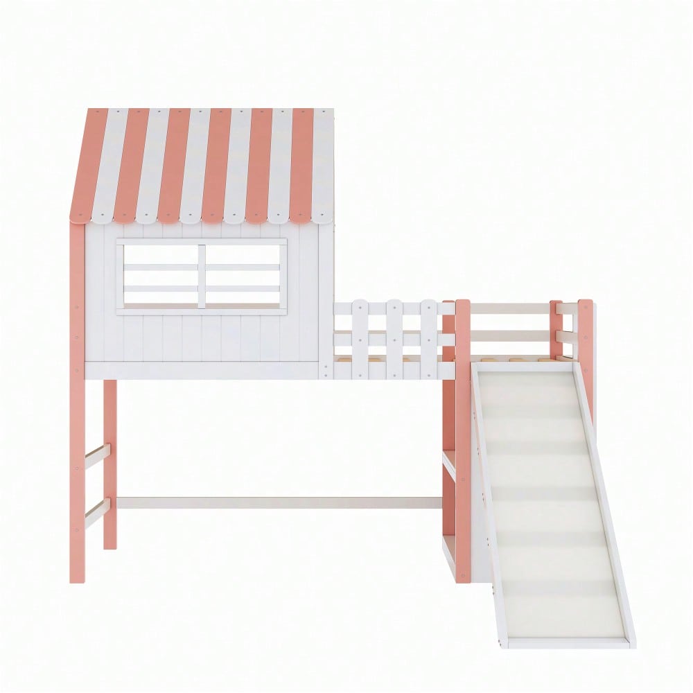 Kinderbett 90 x 200 cm  Dachboden-Design mit Sicherheitsleiter und Sicherheitsrutsche, mehrstöckige Ablagefächer Multifunktionsbett Massivholzbett Einzelbett Hochbett Rosa