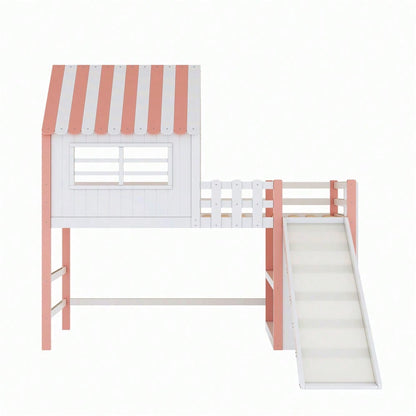 Kinderbett 90 x 200 cm  Dachboden-Design mit Sicherheitsleiter und Sicherheitsrutsche, mehrstöckige Ablagefächer Multifunktionsbett Massivholzbett Einzelbett Hochbett Rosa