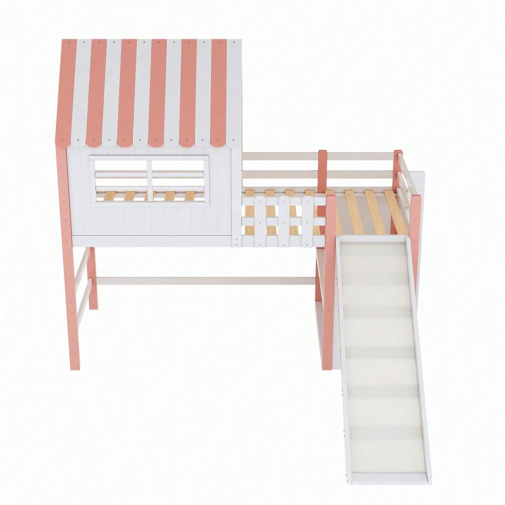 Kinderbett 90 x 200 cm  Dachboden-Design mit Sicherheitsleiter und Sicherheitsrutsche, mehrstöckige Ablagefächer Multifunktionsbett Massivholzbett Einzelbett Hochbett Rosa