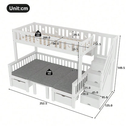 Multifunktionales Hochbett, 90x200cm, 2-in-1-Bett und Schreibtisch, Stauraumleiter, Dekorativer Zaun mit Sternen und Mond, Weiß