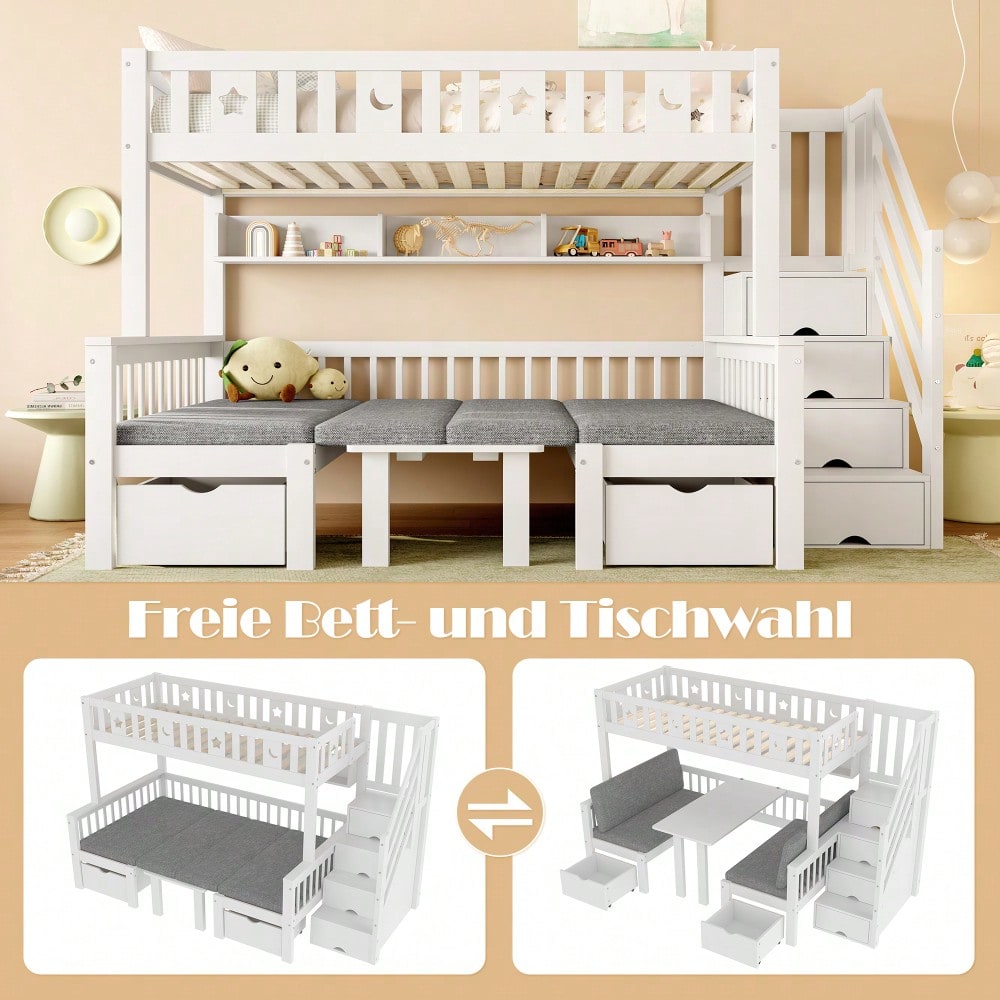 Multifunktionales Hochbett, 90x200cm, 2-in-1-Bett und Schreibtisch, Stauraumleiter, Dekorativer Zaun mit Sternen und Mond, Weiß