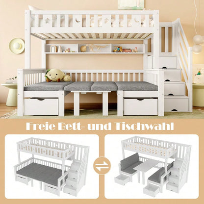 Multifunktionales Hochbett, 90x200cm, 2-in-1-Bett und Schreibtisch, Stauraumleiter, Dekorativer Zaun mit Sternen und Mond, Weiß