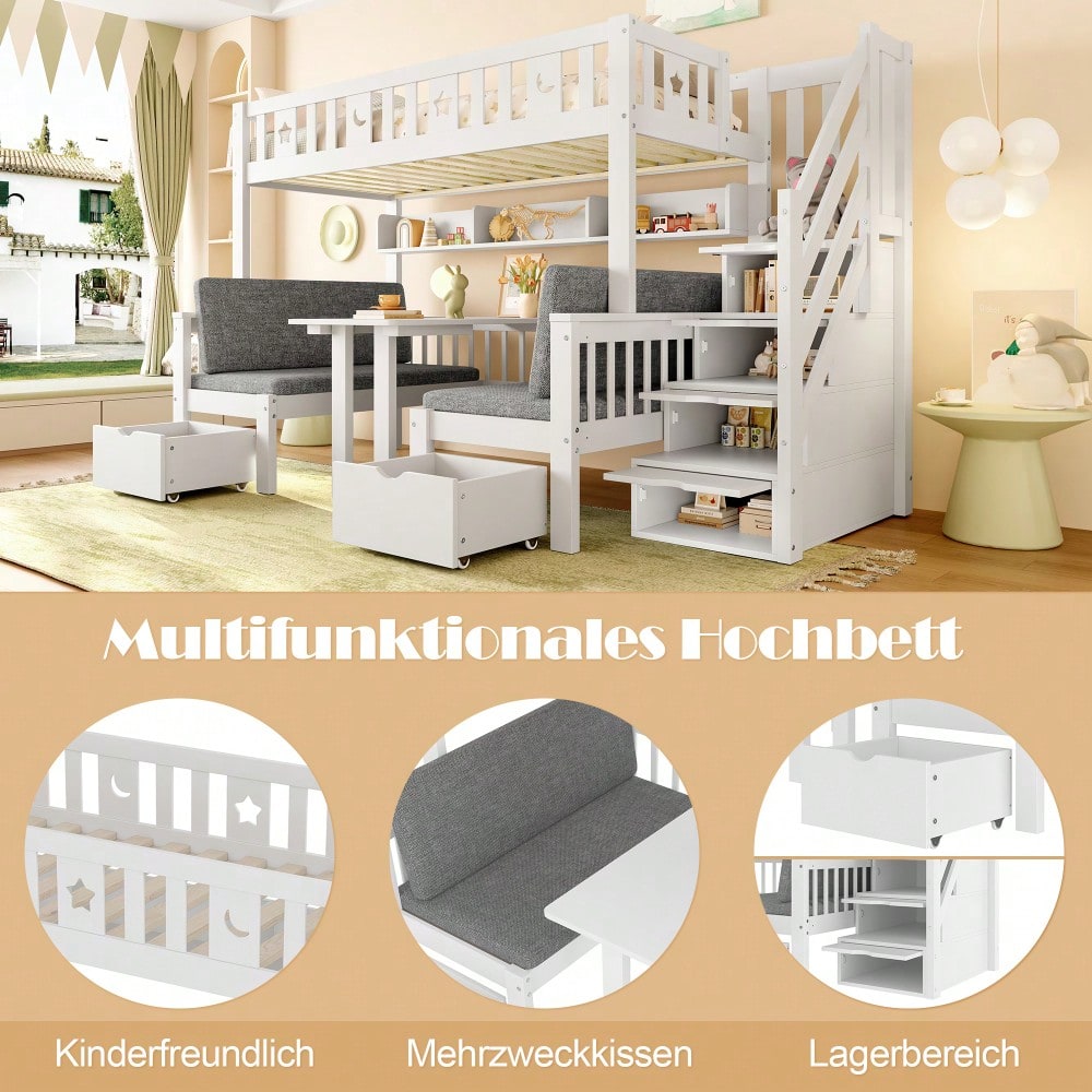 Multifunktionales Hochbett, 90x200cm, 2-in-1-Bett und Schreibtisch, Stauraumleiter, Dekorativer Zaun mit Sternen und Mond, Weiß