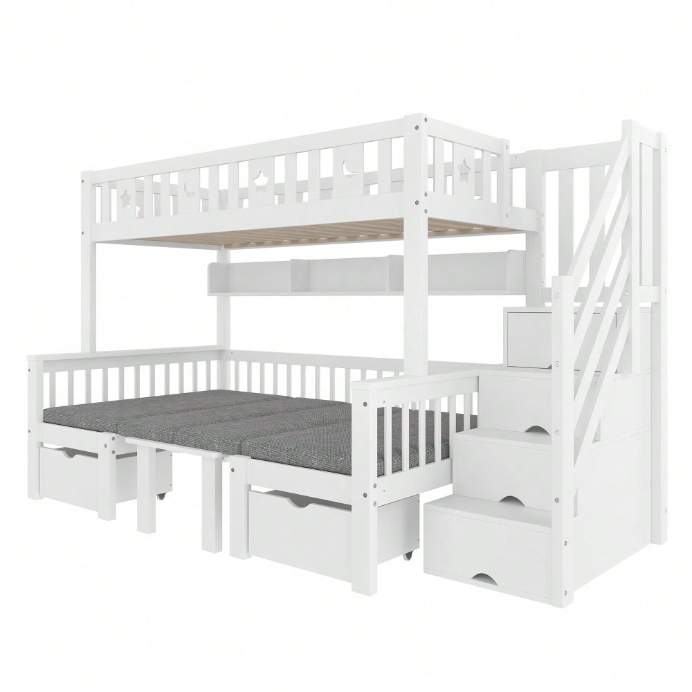 Multifunktionales Hochbett, 90x200cm, 2-in-1-Bett und Schreibtisch, Stauraumleiter, Dekorativer Zaun mit Sternen und Mond, Weiß