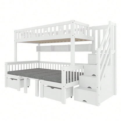 Multifunktionales Hochbett, 90x200cm, 2-in-1-Bett und Schreibtisch, Stauraumleiter, Dekorativer Zaun mit Sternen und Mond, Weiß