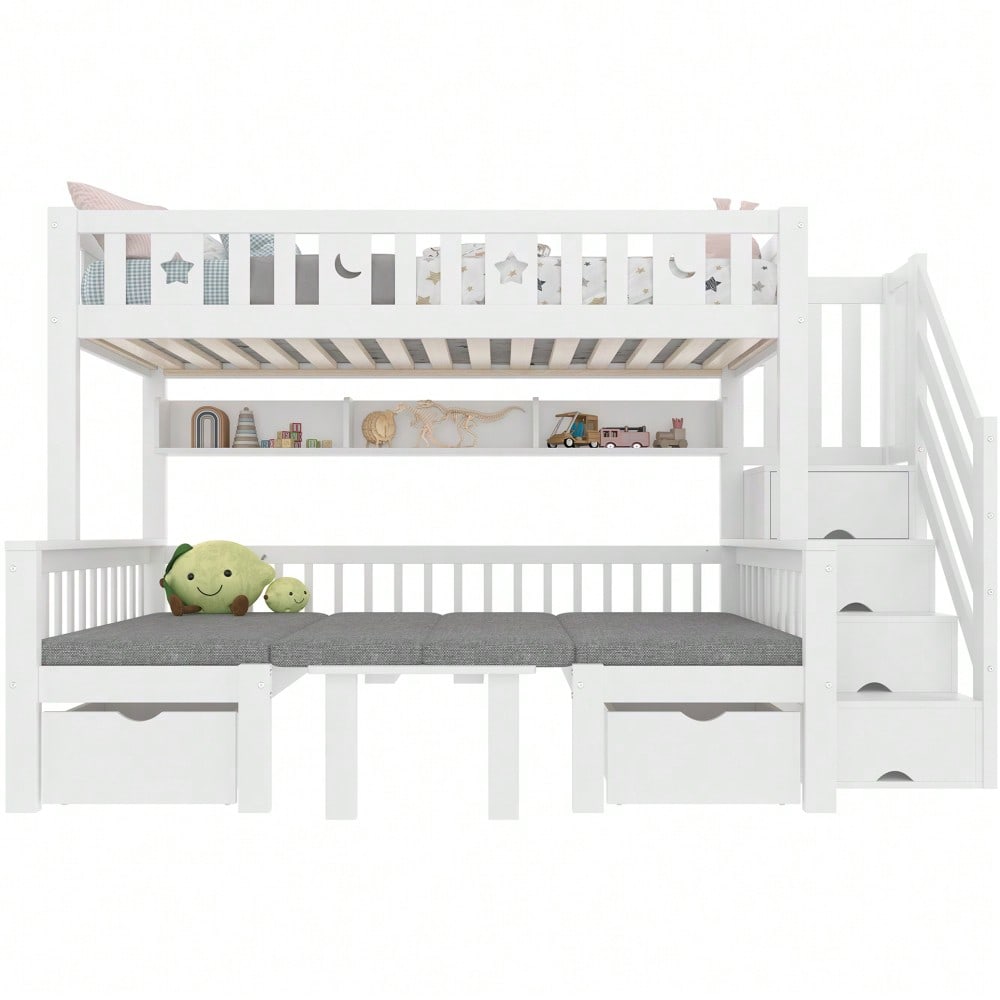 Multifunktionales Hochbett, 90x200cm, 2-in-1-Bett und Schreibtisch, Stauraumleiter, Dekorativer Zaun mit Sternen und Mond, Weiß